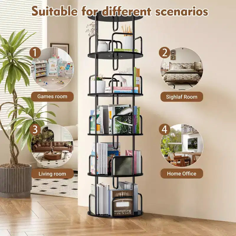 VIYET 62 Bibliothèque tournante à 5 niveaux 360°, MDF noir + fer, étagère étroite et haute (organisateur de rangement peu encombrant)