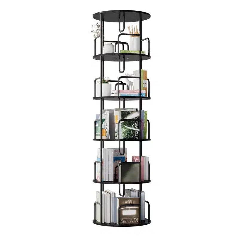 VIYET 62 Bibliothèque tournante à 5 niveaux 360°, MDF noir + fer, étagère étroite et haute (organisateur de rangement peu encombrant)