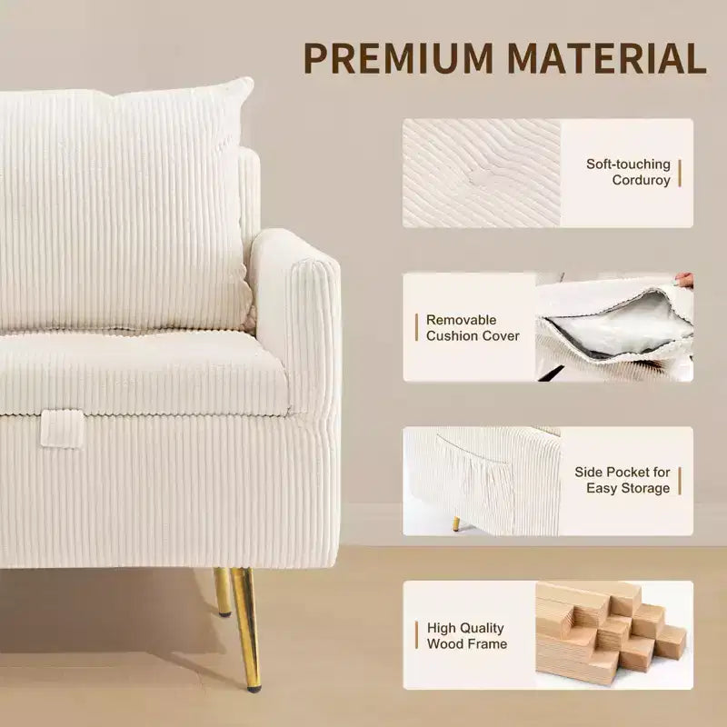 Canapé une place en velours côtelé Furniliving Cozy avec rangement relevable et poche latérale