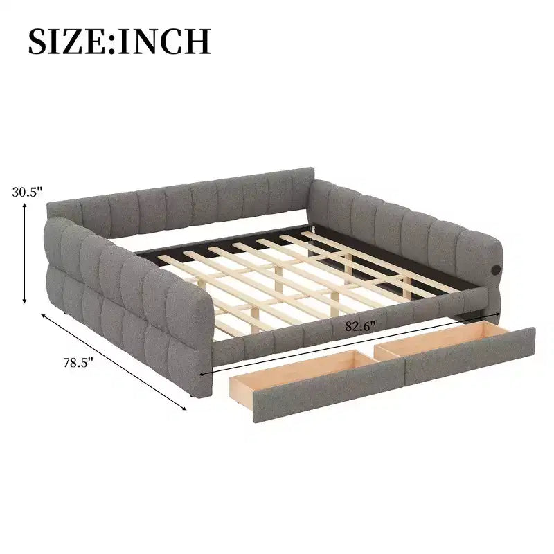 Lit plate-forme capitonné Whisen King Size avec USB et 2 tiroirs
