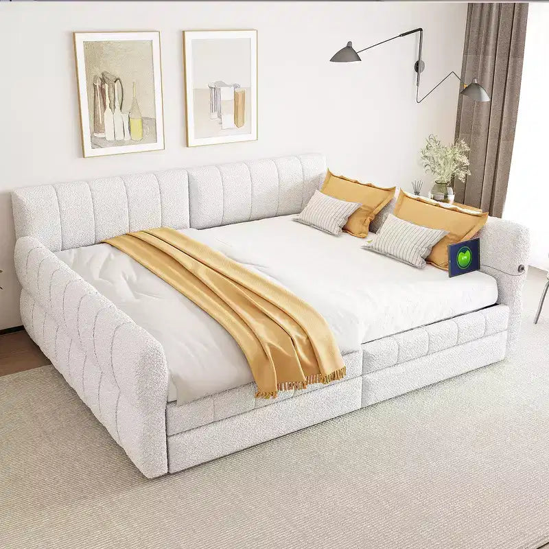 Lit plate-forme capitonné Whisen King Size avec USB et 2 tiroirs