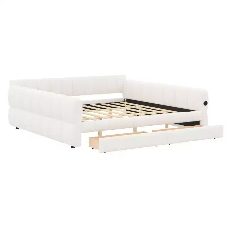 Lit plate-forme capitonné Whisen King Size avec USB et 2 tiroirs
