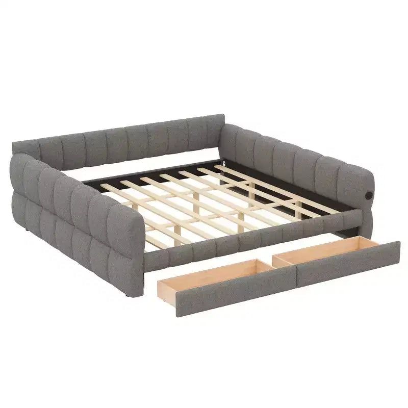 Lit plate-forme capitonné Whisen King Size avec USB et 2 tiroirs