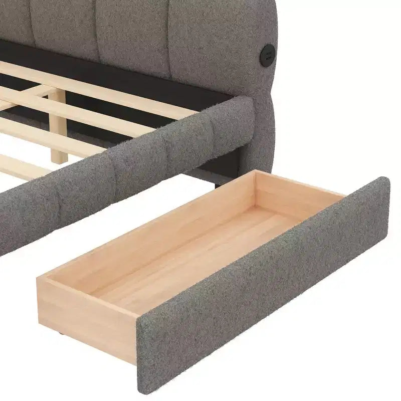 Lit plate-forme capitonné Whisen King Size avec USB et 2 tiroirs