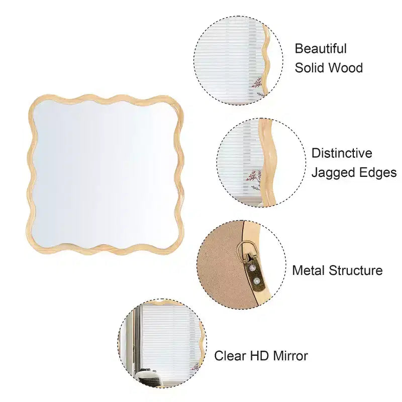 Miroir mural ondulé carré de 36 po, Miroir décoratif moderne en bois massif avec cadre ondulé pour entrée, chambre à coucher - Panipeachy
