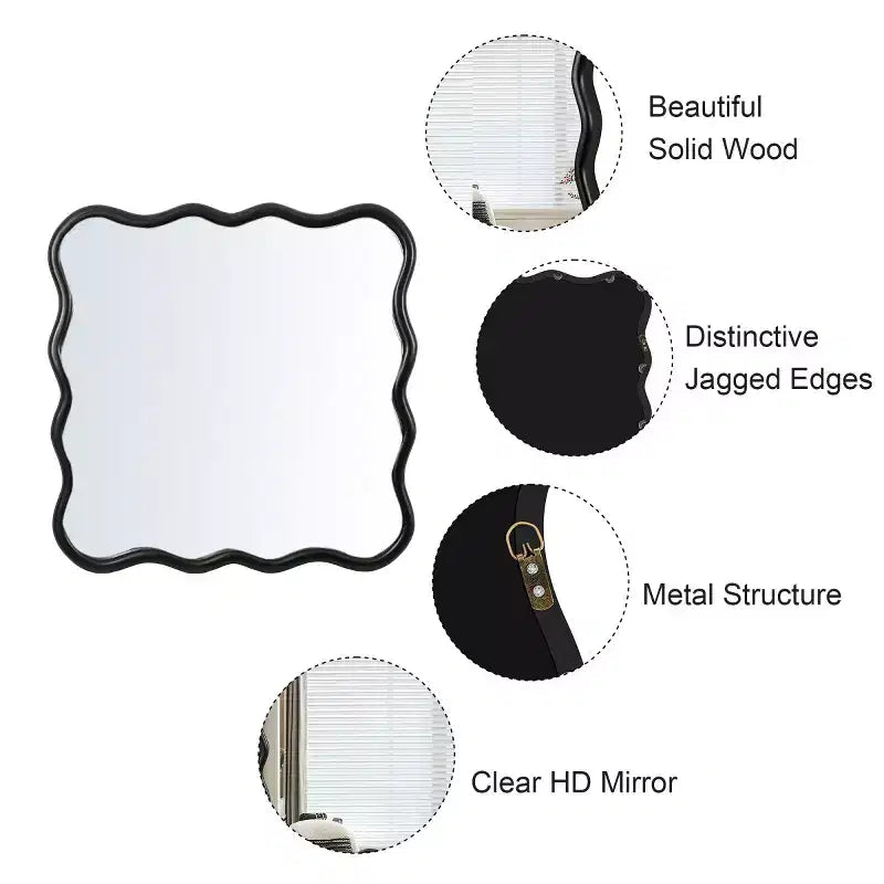 Miroir mural ondulé carré de 36 po, Miroir décoratif moderne en bois massif avec cadre ondulé pour entrée, chambre à coucher - Panipeachy