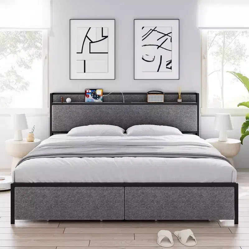 Bed Frame with Headboard and Storage, Drawers Platform Bed Frames with Outlets, Sturdy, Noiseless, No Box Spring Needed, Easy Assembly