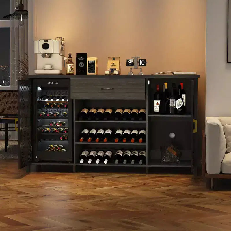 Meuble de bar à café avec emplacement pour réfrigérateur, grand meuble à vin avec étagère, buffet avec tiroirs de rangement pour cuisine et salle à manger, noir