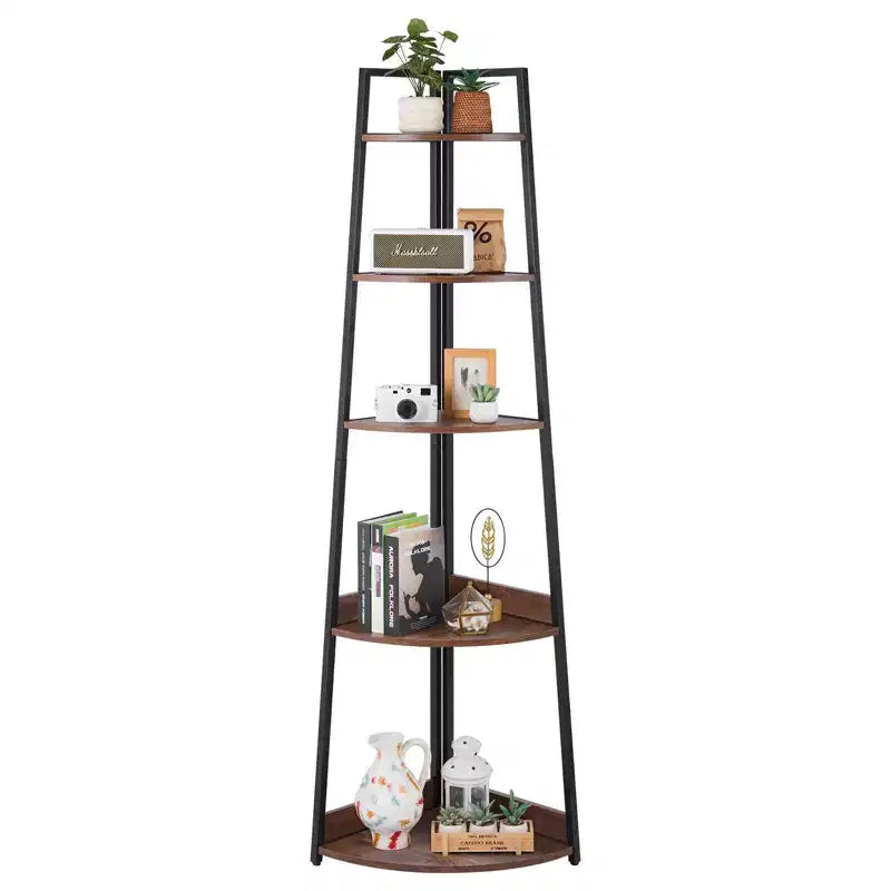 5 Tier Corner Shelf, 70 Tall Corner Bookshelf with Metal Frame & Wooden Shelves, Industrial Ladder Shelf, Rustic Brown