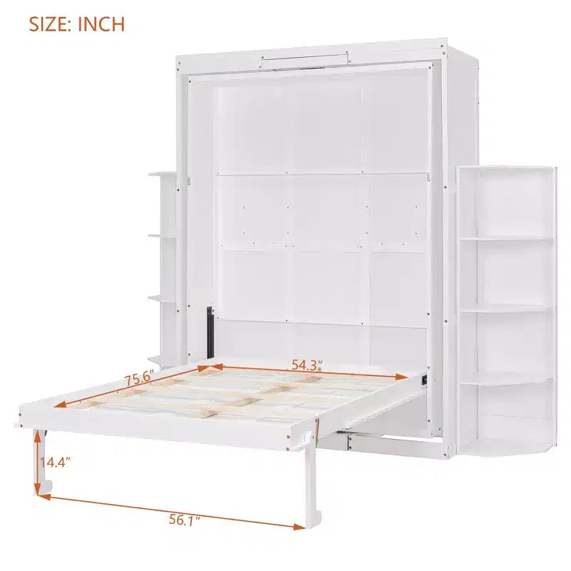 GDFStudio Murray Lit escamotable double avec armoire murale cachée, deux étagères latérales à 3 niveaux, bureau convertible