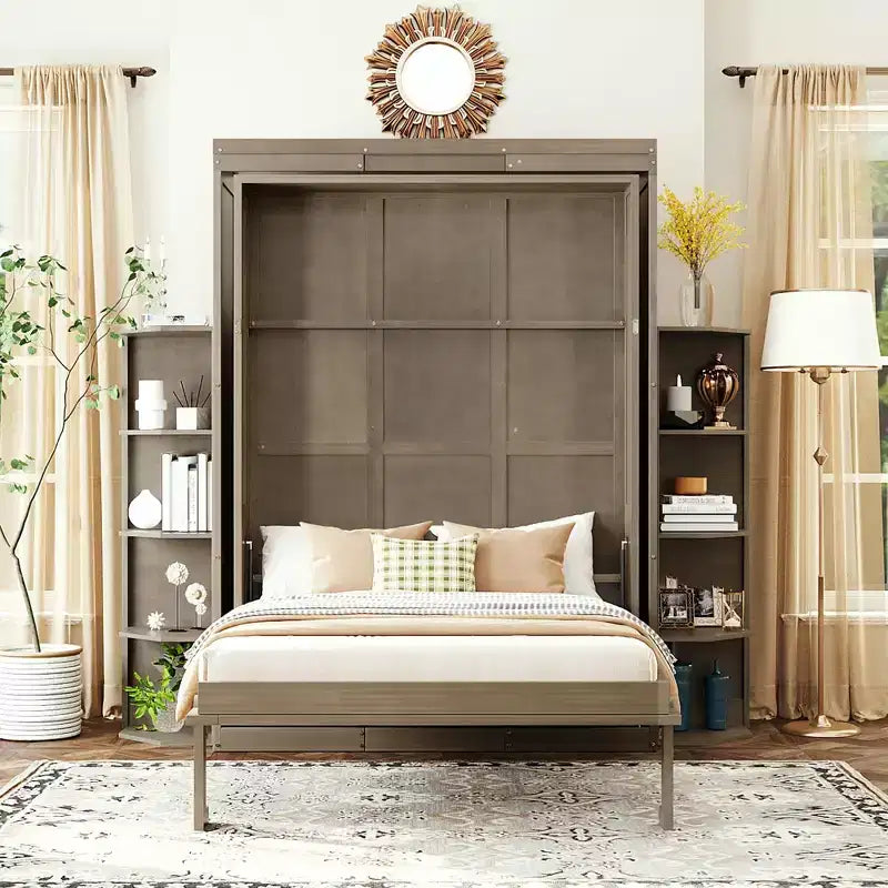 GDFStudio Murray Lit escamotable double avec armoire murale cachée, deux étagères latérales à 3 niveaux, bureau convertible