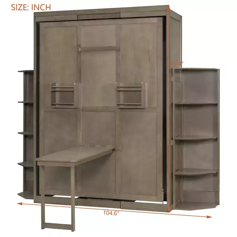 GDFStudio Murray Lit escamotable double avec armoire murale cachée, deux étagères latérales à 3 niveaux, bureau convertible