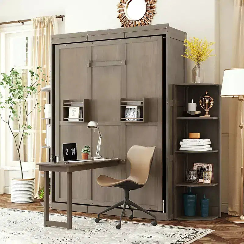 GDFStudio Murray Full Size Murphy Bed with Hidden Wall Cabinet, Dual 3-Tier Side Shelves, Convertible Desk