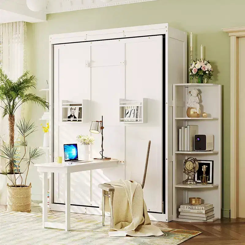 GDFStudio Murray Lit escamotable double avec armoire murale cachée, deux étagères latérales à 3 niveaux, bureau convertible