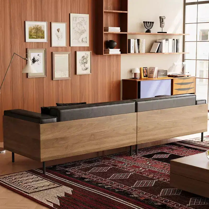 Canapé en Faux Cuir Style Mid-Century Modern 98,42 - Très Grand 4 Places avec Dossier en Bois et 2 Coussins Gaoyangjiaju