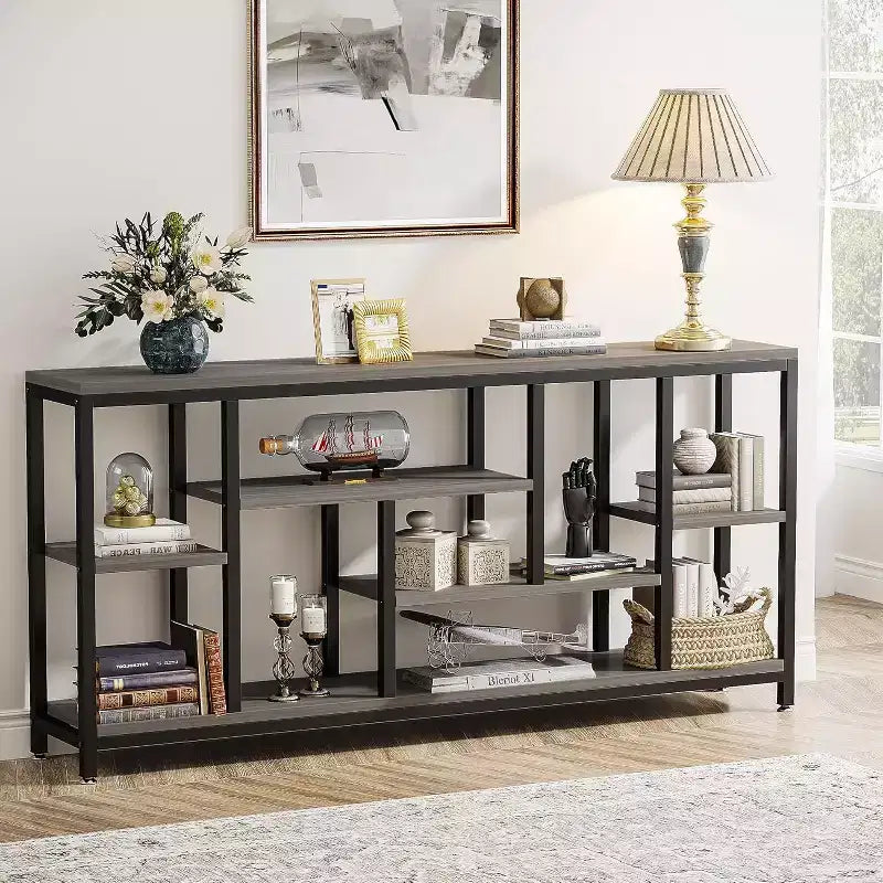 Lantine Console Sofa Table, 70.9 inch Extra Long with Storage Shelves, 3-Tier Modern Narrow Entryway Hallway Accent Table for Living Room, Grey