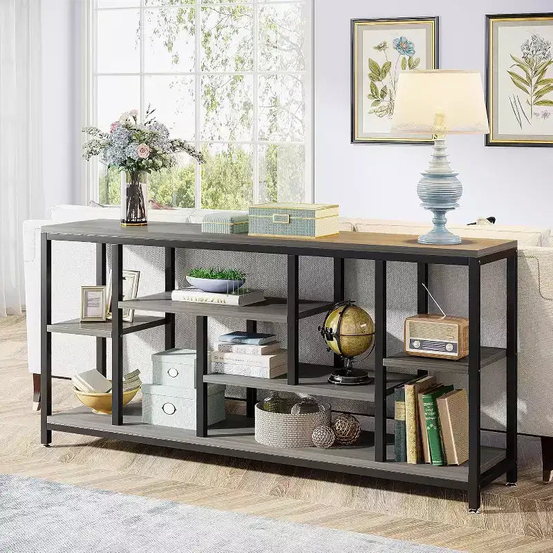 Console Lantine, table d'appoint de 180 cm de long avec étagères de rangement, table d'appoint étroite et moderne à 3 niveaux pour le salon, grise