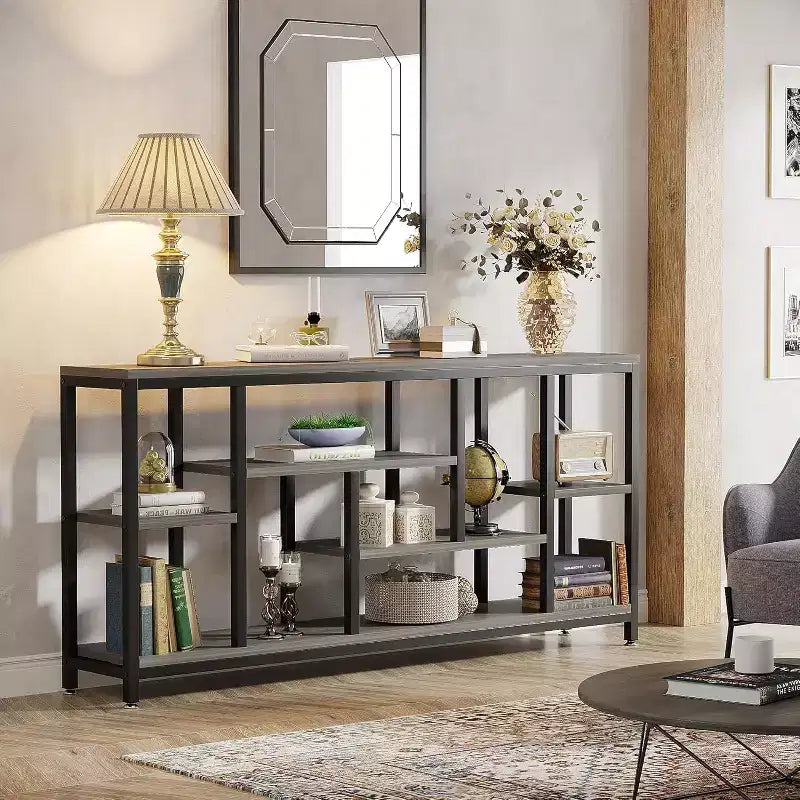 Console Lantine, table d'appoint de 180 cm de long avec étagères de rangement, table d'appoint étroite et moderne à 3 niveaux pour le salon, grise
