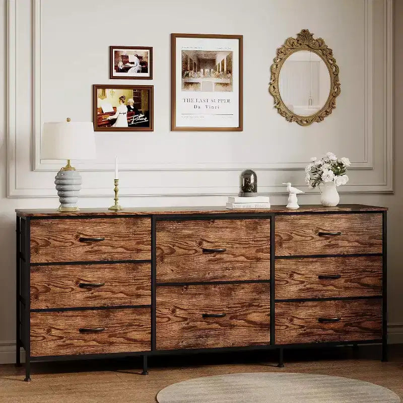 Meuble TV commode en tissu à 8 tiroirs avec plateau en bois, commode de rangement à cadre métallique, grand organisateur de placard pour chambre, salon, couloir
