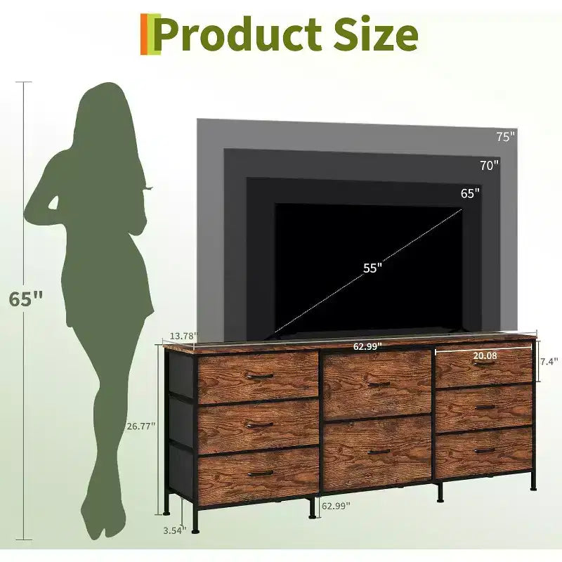 Meuble TV commode en tissu à 8 tiroirs avec plateau en bois, commode de rangement à cadre métallique, grand organisateur de placard pour chambre, salon, couloir
