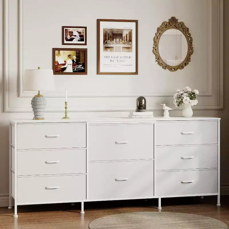 Meuble TV commode en tissu à 8 tiroirs avec plateau en bois, commode de rangement à cadre métallique, grand organisateur de placard pour chambre, salon, couloir