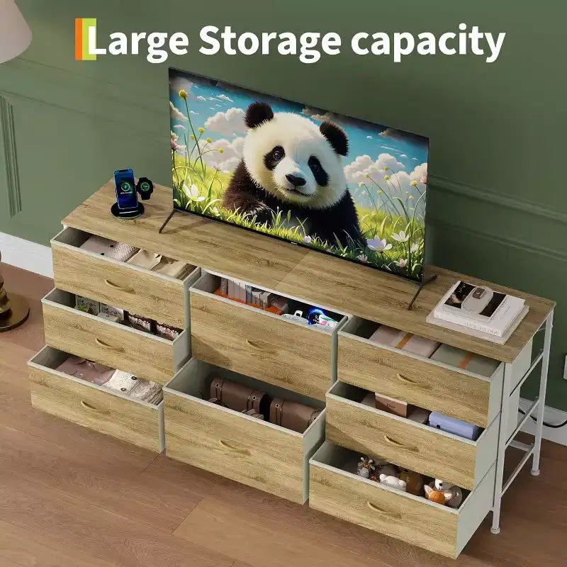 Meuble TV commode en tissu à 8 tiroirs avec plateau en bois, commode de rangement à cadre métallique, grand organisateur de placard pour chambre, salon, couloir