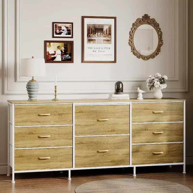 Meuble TV commode en tissu à 8 tiroirs avec plateau en bois, commode de rangement à cadre métallique, grand organisateur de placard pour chambre, salon, couloir
