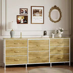 Meuble TV commode en tissu à 8 tiroirs avec plateau en bois, commode de rangement à cadre métallique, grand organisateur de placard pour chambre, salon, couloir