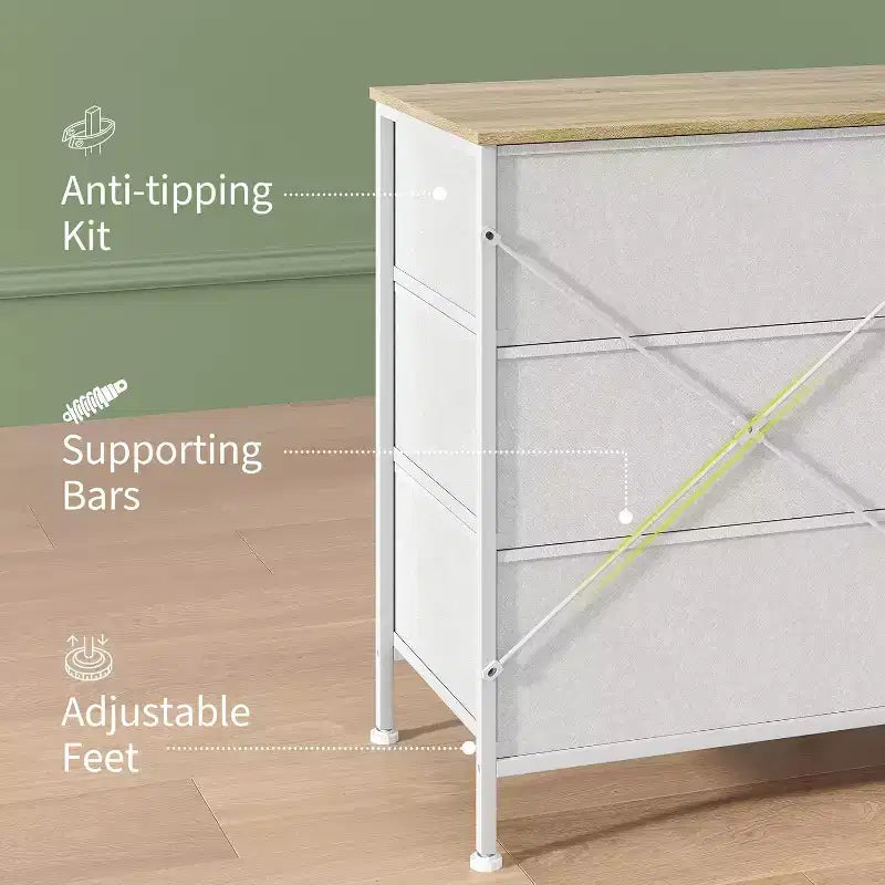 Meuble TV commode en tissu à 8 tiroirs avec plateau en bois, commode de rangement à cadre métallique, grand organisateur de placard pour chambre, salon, couloir
