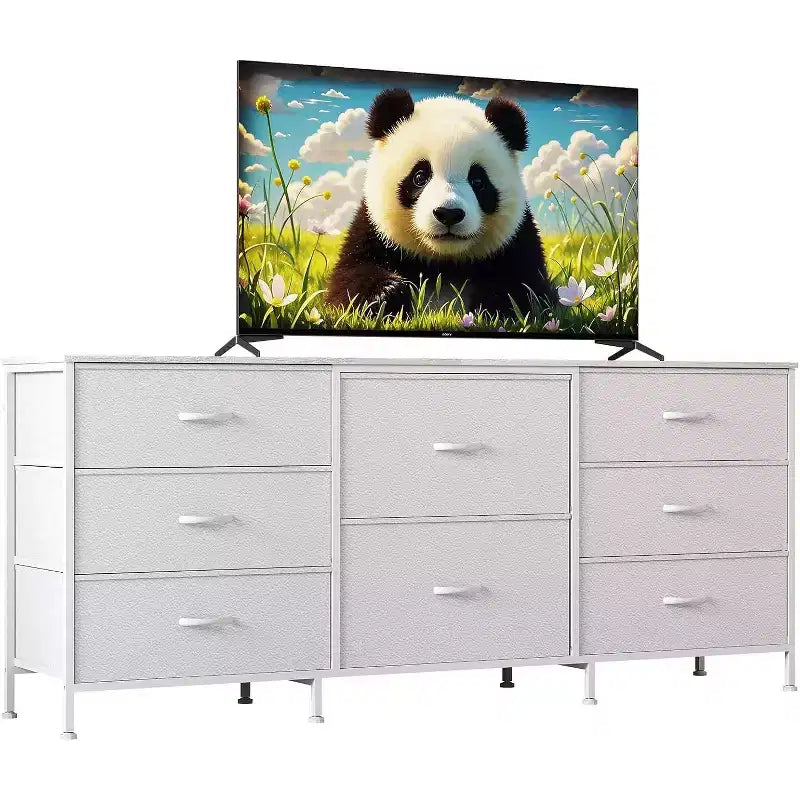 Meuble TV commode en tissu à 8 tiroirs avec plateau en bois, commode de rangement à cadre métallique, grand organisateur de placard pour chambre, salon, couloir