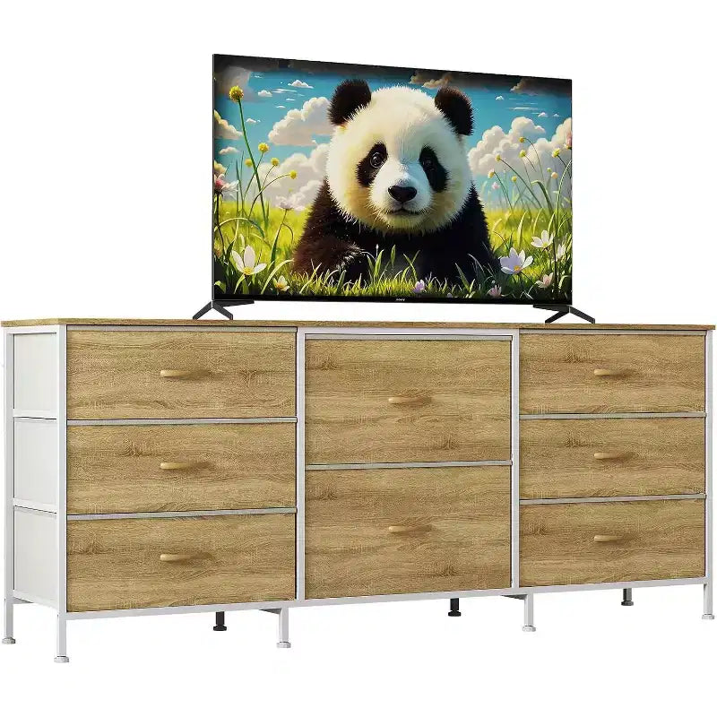 Meuble TV commode en tissu à 8 tiroirs avec plateau en bois, commode de rangement à cadre métallique, grand organisateur de placard pour chambre, salon, couloir