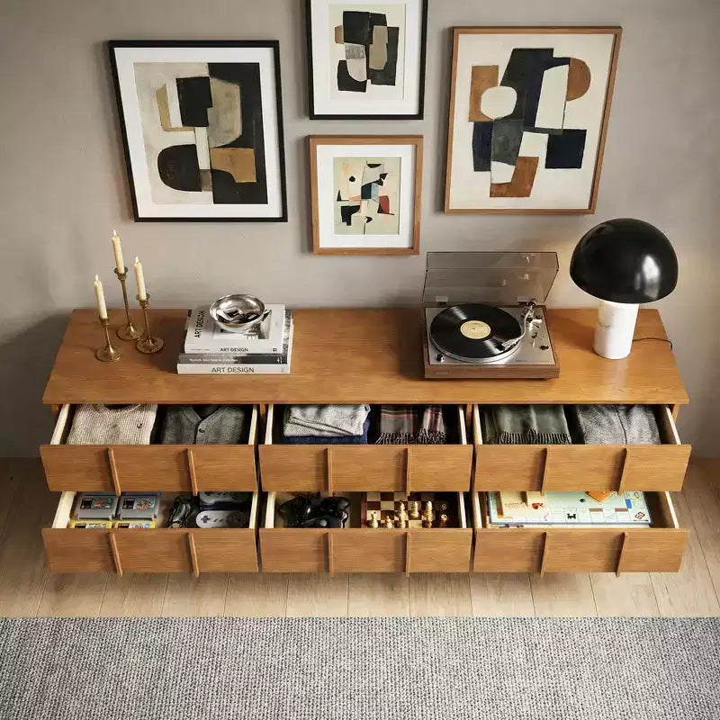 Meuble TV de style moderne du milieu du siècle avec façade à grille de 2,20 m pour téléviseurs jusqu'à 90 pouces – Noyer Gaoyangjiaju