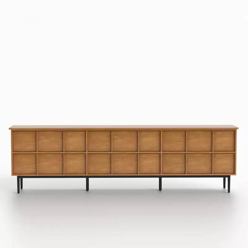 Meuble TV de style moderne du milieu du siècle avec façade à grille de 2,20 m pour téléviseurs jusqu'à 90 pouces – Noyer Gaoyangjiaju