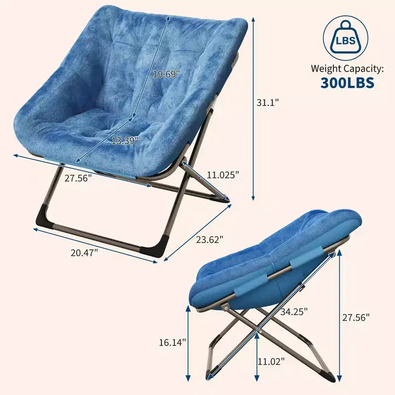 Fauteuils soucoupe confortables pour adultes, chaises pliantes pour salon, fauteuil paresseux en fausse fourrure douce avec cadre en métal, aucun assemblage requis pour chambre à coucher, dortoir
