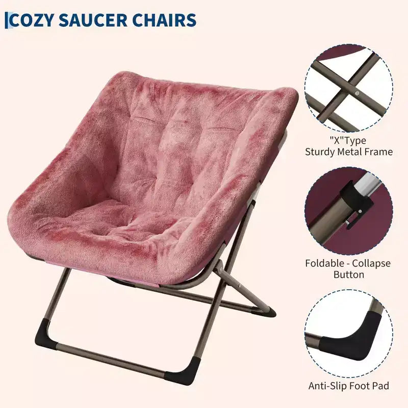Fauteuils soucoupe confortables pour adultes, chaises pliantes pour salon, fauteuil paresseux en fausse fourrure douce avec cadre en métal, aucun assemblage requis pour chambre à coucher, dortoir