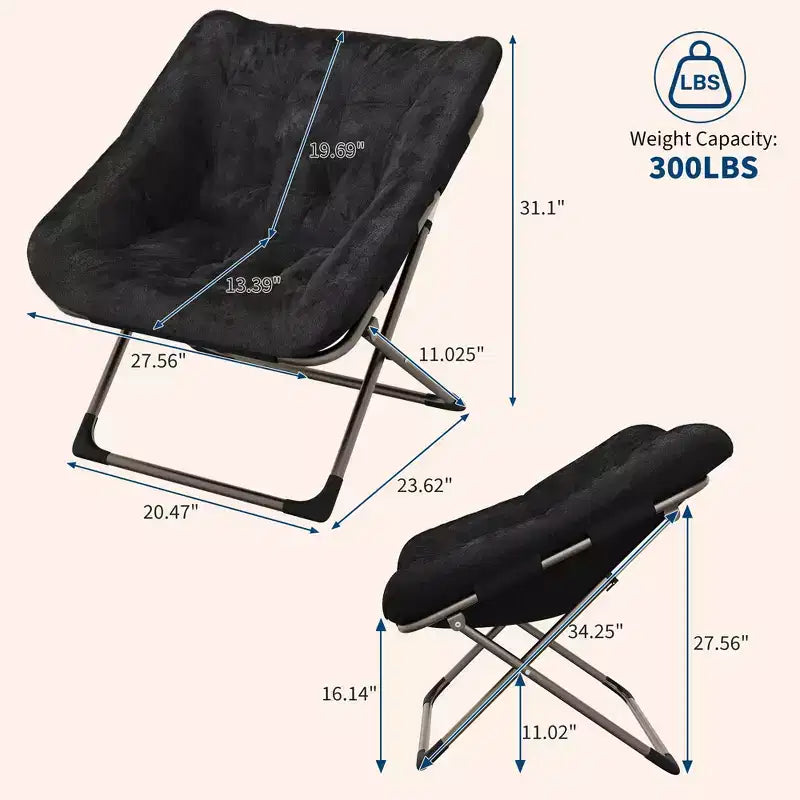 Fauteuils soucoupe confortables pour adultes, chaises pliantes pour salon, fauteuil paresseux en fausse fourrure douce avec cadre en métal, aucun assemblage requis pour chambre à coucher, dortoir