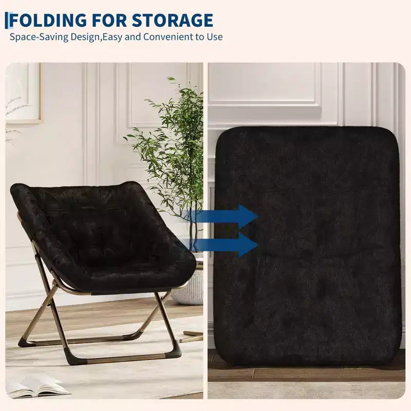 Fauteuils soucoupe confortables pour adultes, chaises pliantes pour salon, fauteuil paresseux en fausse fourrure douce avec cadre en métal, aucun assemblage requis pour chambre à coucher, dortoir