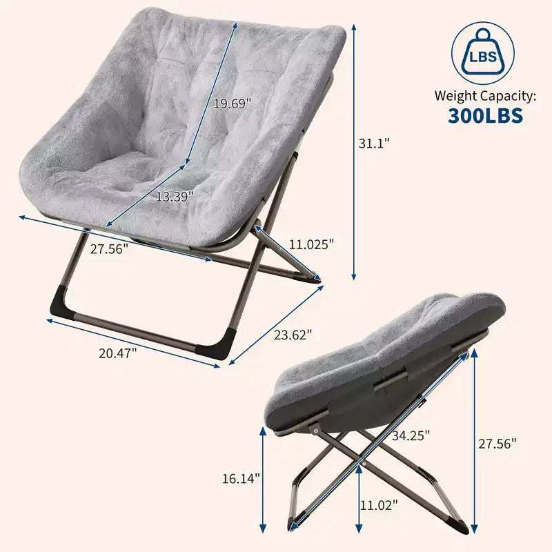 Fauteuils soucoupe confortables pour adultes, chaises pliantes pour salon, fauteuil paresseux en fausse fourrure douce avec cadre en métal, aucun assemblage requis pour chambre à coucher, dortoir
