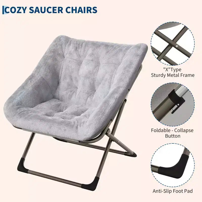 Fauteuils soucoupe confortables pour adultes, chaises pliantes pour salon, fauteuil paresseux en fausse fourrure douce avec cadre en métal, aucun assemblage requis pour chambre à coucher, dortoir