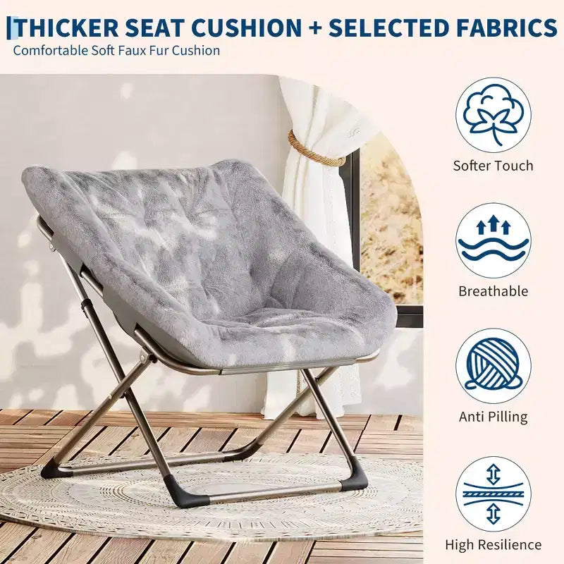 Fauteuils soucoupe confortables pour adultes, chaises pliantes pour salon, fauteuil paresseux en fausse fourrure douce avec cadre en métal, aucun assemblage requis pour chambre à coucher, dortoir