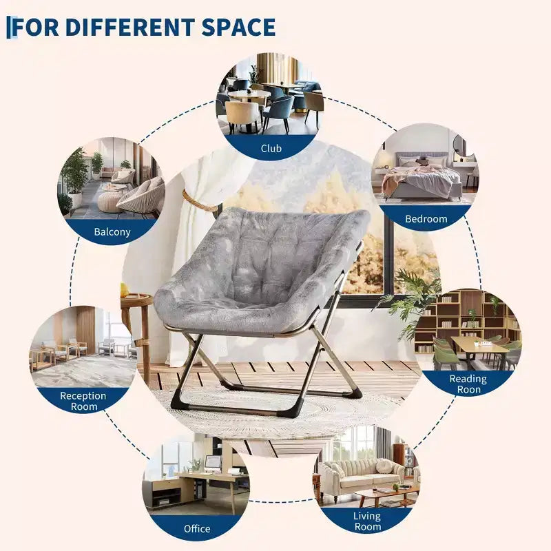 Fauteuils soucoupe confortables pour adultes, chaises pliantes pour salon, fauteuil paresseux en fausse fourrure douce avec cadre en métal, aucun assemblage requis pour chambre à coucher, dortoir