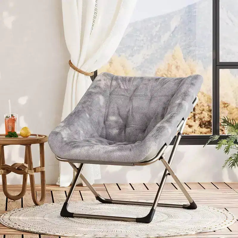 Fauteuils soucoupe confortables pour adultes, chaises pliantes pour salon, fauteuil paresseux en fausse fourrure douce avec cadre en métal, aucun assemblage requis pour chambre à coucher, dortoir