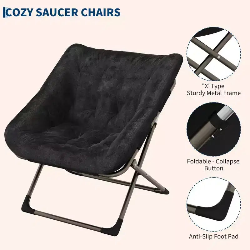 Fauteuils soucoupe confortables pour adultes, chaises pliantes pour salon, fauteuil paresseux en fausse fourrure douce avec cadre en métal, aucun assemblage requis pour chambre à coucher, dortoir