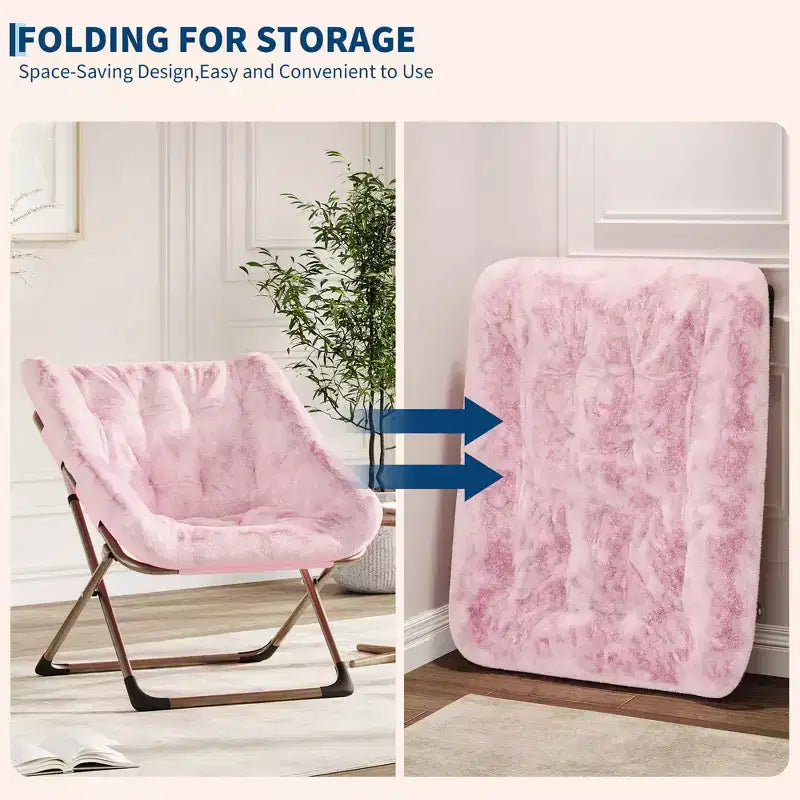 Fauteuils soucoupe confortables pour adultes, chaises pliantes pour salon, fauteuil paresseux en fausse fourrure douce avec cadre en métal, aucun assemblage requis pour chambre à coucher, dortoir