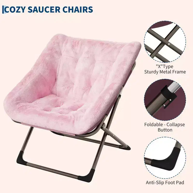 Fauteuils soucoupe confortables pour adultes, chaises pliantes pour salon, fauteuil paresseux en fausse fourrure douce avec cadre en métal, aucun assemblage requis pour chambre à coucher, dortoir