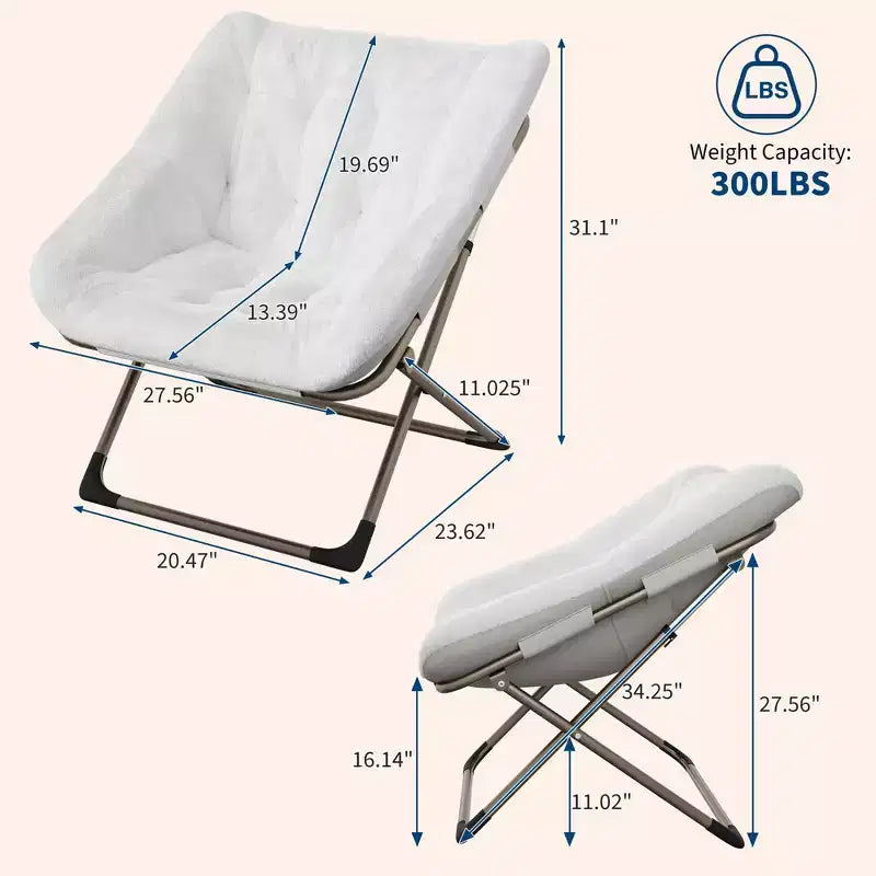 Fauteuils soucoupe confortables pour adultes, chaises pliantes pour salon, fauteuil paresseux en fausse fourrure douce avec cadre en métal, aucun assemblage requis pour chambre à coucher, dortoir