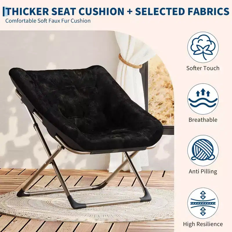Fauteuils soucoupe confortables pour adultes, chaises pliantes pour salon, fauteuil paresseux en fausse fourrure douce avec cadre en métal, aucun assemblage requis pour chambre à coucher, dortoir