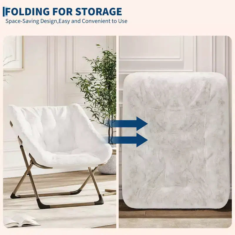 Fauteuils soucoupe confortables pour adultes, chaises pliantes pour salon, fauteuil paresseux en fausse fourrure douce avec cadre en métal, aucun assemblage requis pour chambre à coucher, dortoir