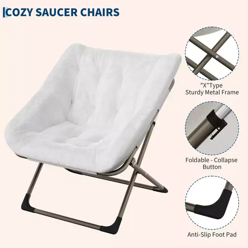 Fauteuils soucoupe confortables pour adultes, chaises pliantes pour salon, fauteuil paresseux en fausse fourrure douce avec cadre en métal, aucun assemblage requis pour chambre à coucher, dortoir