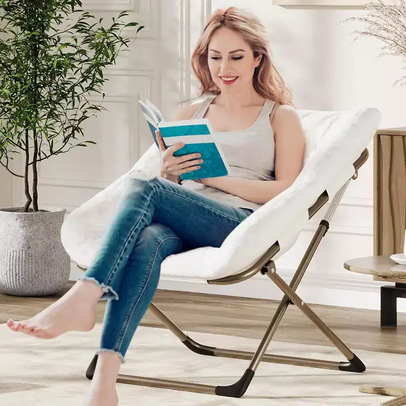 Fauteuils soucoupe confortables pour adultes, chaises pliantes pour salon, fauteuil paresseux en fausse fourrure douce avec cadre en métal, aucun assemblage requis pour chambre à coucher, dortoir